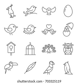 Simple Set of birds Related Vector Line Icons. Contains such Icons as pigeon, hatching, feathers, peacock, parrot, cage and more.        