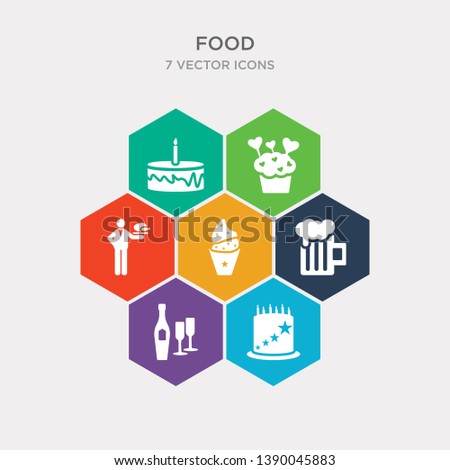 simple set of birthday cake with candles, opening a champagne bottle, jar of beer, muffin bake icons, contains such as icons waiter with a roast chicken, romantic muffin, birthday cake with one