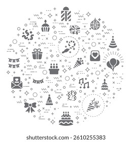 Simple Set of Birthday And party Related Vector Line Illustration. Contains such Icons as celebration, event, cake, Firecracker, invitation, letter, gift, festival, mirror ball And Other Elements.