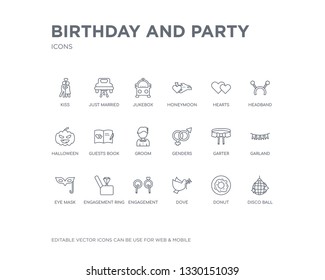 simple set of birthday and party vector line icons. contains such icons as disco ball, donut, dove, engagement, engagement ring, eye mask, garland, garter, genders and more. editable pixel perfect.