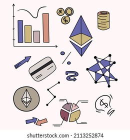 Simple Set of Bitcoin Ethereum Crypto Currency Related Vector Elements and detailes. Line art doodle cartoon and flat style Symbol Collection.