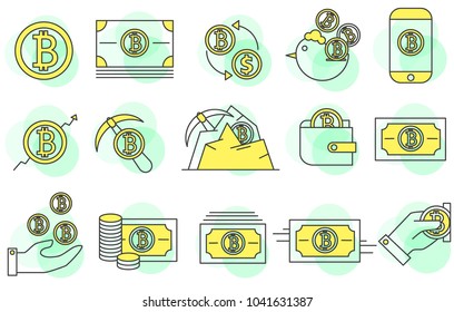 Simple set of Bitcoin Icon vector on black-gold thin line style. Bitcoin, money, hand phone, charity, chicken, axe, flow, growth.