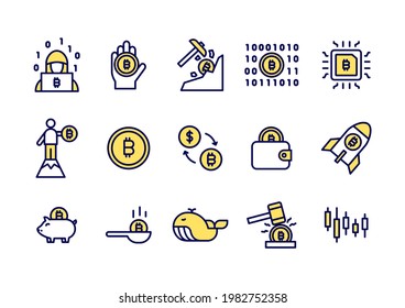 Simple set of Bitcoin line icons. Yellow Bitcoin or Cryptocurrency coin icons for website, application.