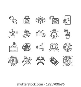 Simple Set of Bitcoin Related Vector Line Icons. Cryptocurrency fintech and mining activity. editable stroke