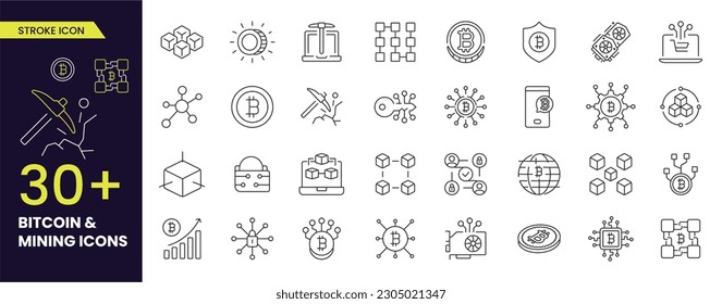 Simple Set of Bitcoin related vector stroke icons. Contains such icons as Mining, Exchange, Payment and more. Editable Stroke line icons. 