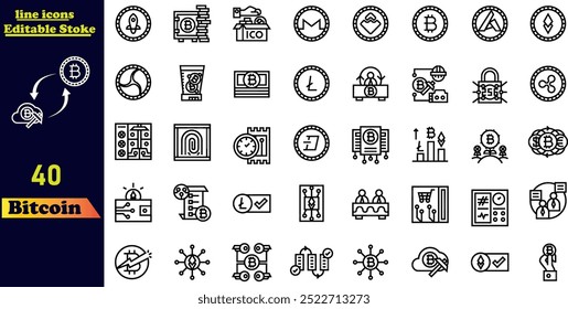 A simple set of Bitcoin-related vector icons, including mining, exchange, payment, and more. Editable stroke line icon collection.