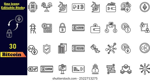 A simple set of Bitcoin-related vector icons, including mining, exchange, payment, and more. Editable stroke line icon collection.