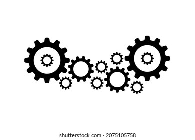 Simple Set Of Black Gears And Cogs. Concept Of Integration And Productivity, Work Flow And Implementation, Construction And Development. Design Element Efficient Process And Operation