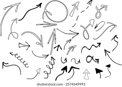 Simple set black hand drawn curvy and wavy vector arrows Isolated on white background Doodle illustration Sketch arrow design for business plan and education Direction symbols