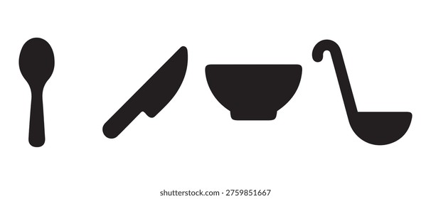 A simple set of black silhouettes representing basic kitchen tools including a small eating spoon a sharp cutting knife a deep serving bowl and a long handled soup kitchen ladle.