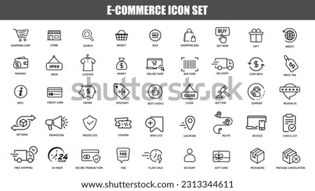 Simple set of black thin line eCommerce icon. Concept of website or web store or m-commerce signs. stroke style modern icons of shopping, buy, payment, saving, location, device and more.