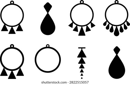 Simple set of black and white geometric tribal style charms and pendants with hanging loops for jewelry design.