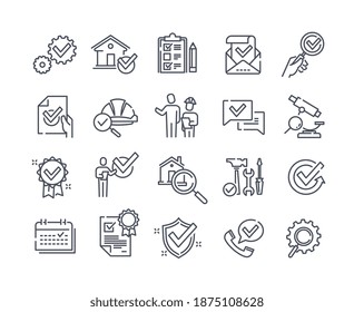 Simple Set of black and white inspection related vector line icons. Check, Testing, Endorsing, Examination and more. Editable Stroke.