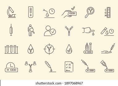 Simple set of black and white outline antibody test icons. Microscope, test tubes, blood test, medical laboratory tests, waiting time and other symbols. Vector illustration.