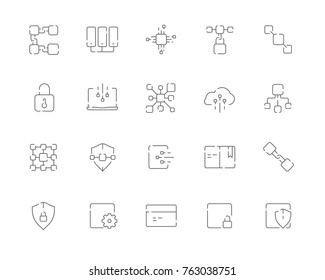 Simple set of Block chain related vector line web icons. Contains such Icons as Block chain, Block, Transaction, Ledger, Distribution and more. Editable Stroke. 48x48 Pixel Perfect.