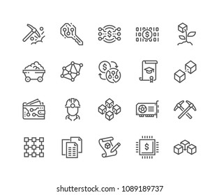 Simple Set of Blockchain Related Vector Line Icons. Contains such Icons as Mining, Smart Contract, Electronic Key and more. Editable Stroke. 48x48 Pixel Perfect.