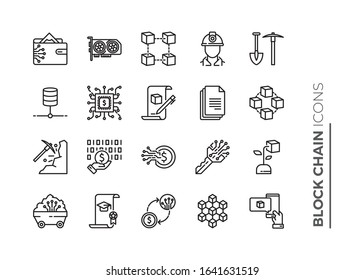 Simple Set of Blockchain Related Vector Line Icons. Contains such Icons as Mining, Smart Contract, Electronic Key and more.