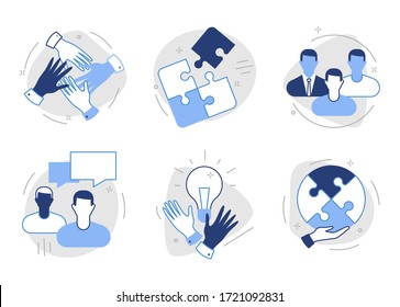 Simple Set of Blue Icons For Team Work Process as well as Problem Solving and Idea Generation. 