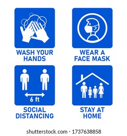 Simple Set of Blue and White Instruction Icons against the Spread of Coronavirus Covid-19, including Wash Your Hands, Wear a Face Mask, Social Distancing 6 Feet and Stay at Home. Vector Image.