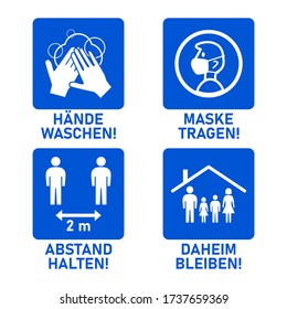 Simple Set of Blue and White Instruction Icons in German against the Spread of Coronavirus Covid-19, including Wash Your Hands, Wear a Face Mask, Keep Distance 2 Meters and Stay Home. Vector Image.