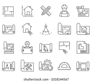 Simple Set Of Blueprint Related Vector Line Icons. Contains Such Icons As Scheme, Sketch, Projection, Real Estate, Project, Design, House Prototype, Layout And More.