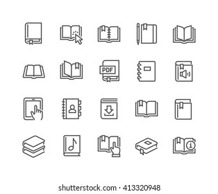 Simple Set of Book Related Vector Line Icons. 
Contains such Icons as Organizer, Learning, E-Reader, Audiobook and more. 
Editable Stroke. 48x48 Pixel Perfect. 