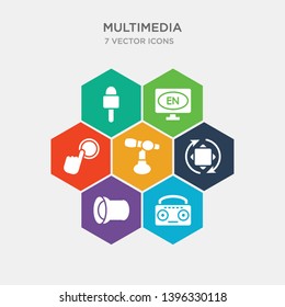 simple set of boom box, projector len, rolling, condenser icons, contains such as icons on button, english, microphone for journalists and more. 64x64 pixel perfect. infographics vector