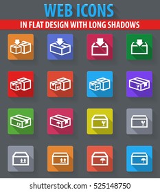Simple set of box web icons in flat design with long shadows