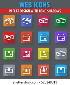 Simple set of box web icons in flat design with long shadows