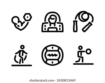 Conjunto simple de iconos de línea de vectores relacionados con el boxeo. Contiene iconos como rizo de bíceps, bolsa de gimnasio, saltar la cuerda y más.