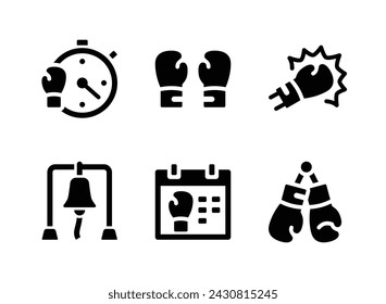 Conjunto simple de iconos sólidos de vectores relacionados con el boxeo. Contiene iconos como temporizador, guante de mano, punzonado y más.