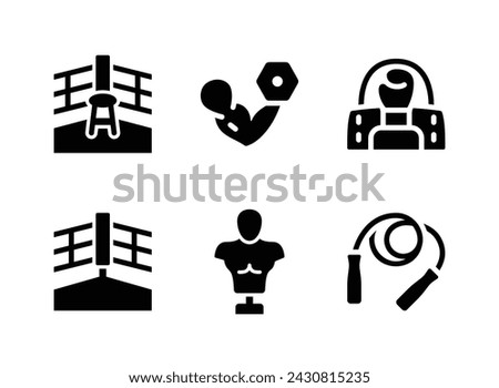 Simple Set of Boxing Related Vector Solid Icons. Contains Icons as Boxing Ring Corner, Bicep Curl, Gym Bag and more.