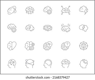 Simple Set of brain Related Vector Line Icons. Contains such Icons as memory, mind, light bulb, brainstorming, human brain, psychology, thinking and more.