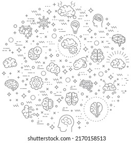 Simple Set of brain Related Vector Line Illustration. Contains such Icons as memory, mind, light bulb, brainstorming, human brain, psychology, thinking and Other Elements.