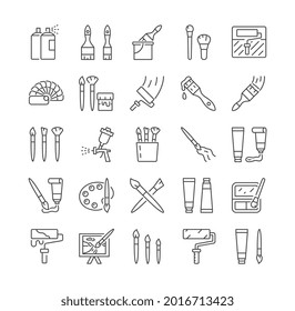 Simple Set of brushes and painting line icons. Spray, easel, color palette, paint gun or spray gun, paint bucket. Editable Stroke. Set of flat cartoon vector illustrations isolated on white