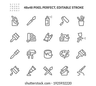 Conjunto simple de pinceles e iconos de línea de vectores relacionados con la pintura. 
Contiene iconos como spray, paleta de color, cubo de pintura y más. Stroke editable. 48x48 Pixel Perfecto.