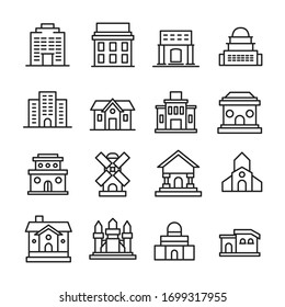 Simple set of building icons in trendy line style. Modern vector symbols, isolated on a white background. Linear pictogram pack. Line icons collection for web apps and mobile concept.