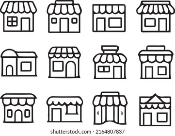 Simple Set Of Building Related Vector Outline Icons. Contains Icons such as shops, shop houses, market, business, merchant, store, mall, shopping and etc