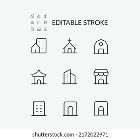 Simple Set of Building Related Vector Line Icons. Contains such Icons as Houses and Historical Monuments and more. Editable Stroke. 72x72 Pixel Perfect.