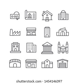 Simple set of buildings icons in trendy line style. Modern vector symbols, isolated on a white background. Linear pictogram pack. Line icons collection for web apps and mobile concept.