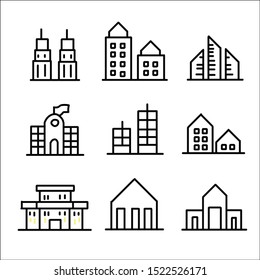 Simple set of buildings modern thin line icons. 