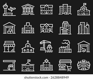 Simple Set of Buildings Related Vector Line Icons. Contains such Icons as Church, Sport Stadium, Medical Hospital and more white