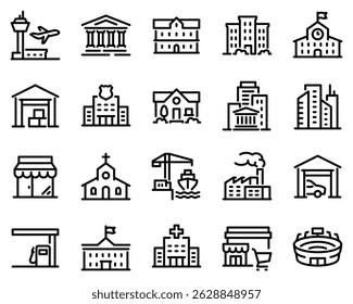 Simple Set of Buildings Related Vector Line Icons. Contains such Icons as Church, Sport Stadium, Medical Hospital and more black