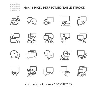 Conjunto simple de iconos de línea de vectores relacionados con la comunicación comercial. Contiene iconos como Reunión, Conferencia, Convocatoria, Acuerdo, Chat y más. Trazo editable. 48x48 Pixel Perfecto.