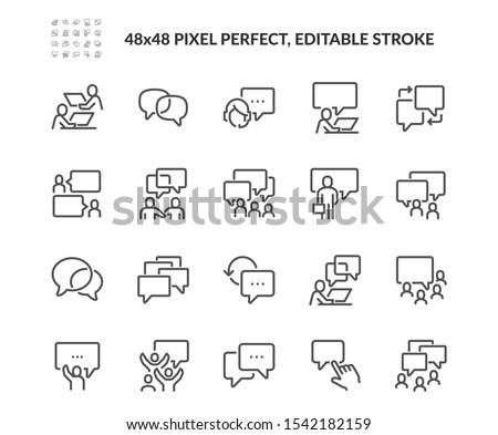 Simple Set of Business Communication Related Vector Line Icons. Contains such Icons as Meeting, Conference Call, Agreement, Chat and more. Editable Stroke. 48x48 Pixel Perfect.