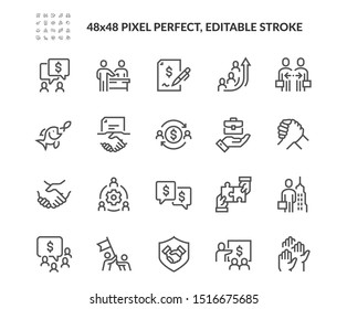 Simple Set of Business Cooperation Related Vector Line Icons. 
Contains such Icons as Partnership, Synergy, Interaction and more.
Editable Stroke. 48x48 Pixel Perfect.