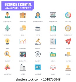 Simple Set of Business Essential Related Vector Flat Icons. Contains such Icons as Businessman, Coins, Office, Line Chart, Scales, Brainstorming and more. Editable Stroke. 48x48 Pixel Perfect.