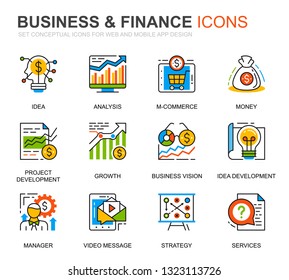 Simple Set Business and Finance Line Icons for Website and Mobile Apps. Contains such Icons as Analysis, Money, Accounting, Strategy, Bank. Conceptual color line icon. Vector pictogram pack.