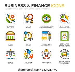 Simple Set Business and Finance Line Icons for Website and Mobile Apps. Contains such Icons as Analysis, Money, Accounting, Strategy, Bank. Conceptual color line icon. Vector pictogram pack.