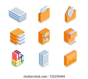 Conjunto simples de Ícones de Negócios em estilo 3D isométrico plano. Contém ícones como pasta com documentos, títulos, envelope e muito mais.